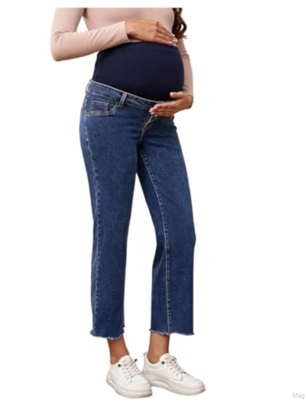 Maternity Jeans Over Belly High Waist Raw Hem Stretch Straight Leg Denim Pants
